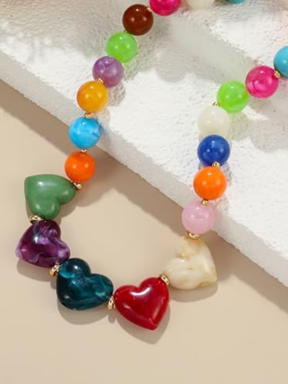 Chunky Heart Necklace for Women, Colorful Acrylic Beaded Statement Puff Heart - Picture 2 of 3